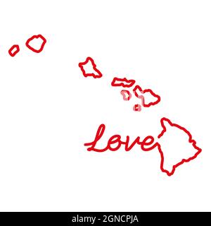 Hawaii US state red outline map with the handwritten LOVE word. Continuous line drawing of patriotic home sign. A love for a small homeland. Interior Stock Vector