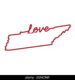 Tennessee US state red outline map with the handwritten LOVE word. Continuous line drawing of patriotic home sign. A love for a small homeland. Interi Stock Vector