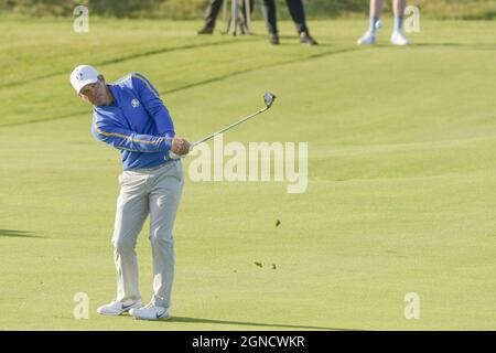 Kohler, USA. 24th Sep, 2021. Team Europe's Paul Casey hits the ball onto the 5th green in the 43rd Ryder Cup at Whistling Straits on Friday, September 24, 2021 in Kohler, Wisconsin. Photo by Mark Black/UPI Credit: UPI/Alamy Live News Stock Photo