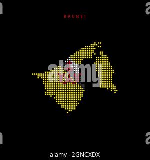 Square dots pattern map of Brunei. Dotted pixel map with national flag colors isolated on black background. Vector illustration. Stock Vector