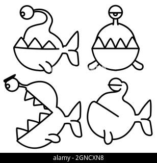 Vicious cartoon fish with one eye and biting teeth line drawing poses set, vector, horizontal, black and white, isolated Stock Vector