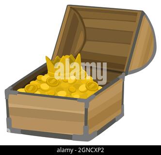 Treasure chest with gold coins and crown, cartoon color vector illustration, horizontal, over white, isolated Stock Vector