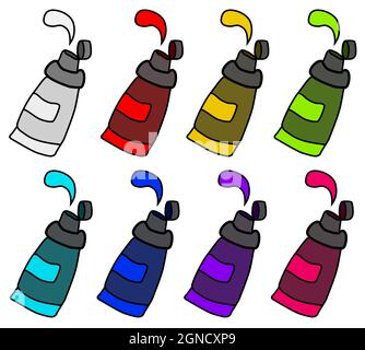 Paint tubes cartoon design element set color, isolated vector, over white, cut out, horizontal Stock Vector
