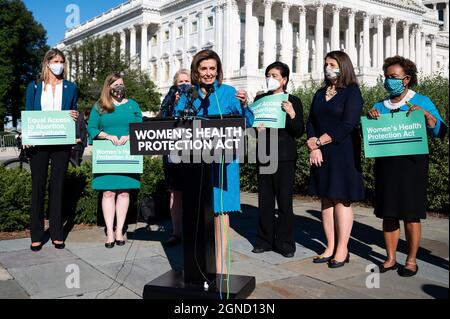 Washington DC, USA. 24th Sep, 2021. House Speaker, Nancy Pelosi (D-CA) speaking at a press conference about the upcoming vote on the Women's Health Protection Act in the House of Representatives at the U.S. Capitol. Credit: SOPA Images Limited/Alamy Live News Stock Photo