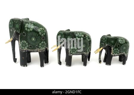 Elephant family, wooden elephants, three elephants, hand-painted wooden elephants, handicraft, African elephants, souvenir Africa, painted elephants, Stock Photo