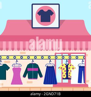 Clothes on the hanger being taken into a store by a conveyor. Stock Vector
