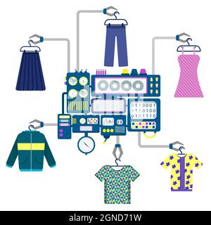 Machine with claws holding different pieces of clothing like t-shirts, shirts, dresses, skirts, jackets and pants. Stock Vector
