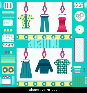 Colorful and cute clothes factory with machines, conveyor and gripper. Flat design. Stock Vector