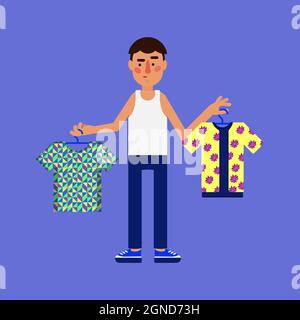 Man holding two hangers with shirts. Indecision about which to wear. Stock Vector