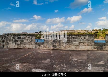 Castillo de la Real Fuerza Castle of the Royal Force in Havana, Cuba. San Carlos de la Cabana fort in the background. Stock Photo