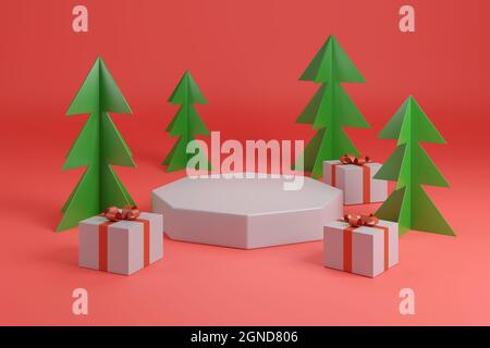 Christmas podium with trees and gifts on red background. 3d illustration. Stock Photo