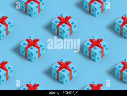 Christmas background. Isometric seamless pattern of gift boxes on blue background. 3d illustration. Stock Photo
