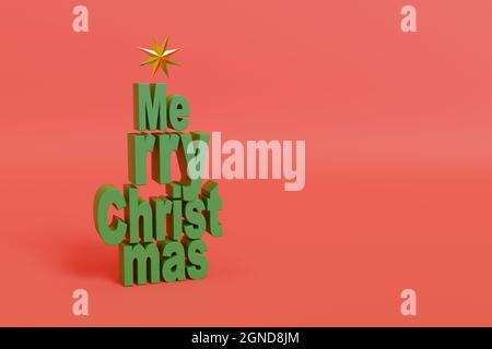 Merry Christmas text in three dimensions in green color isolated on red background. 3d illustration. Stock Photo
