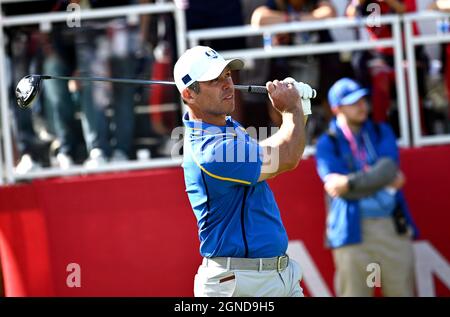 Team Europe's Paul Casey tees off on the tenth hole during the Afternoon Four-Ball session on day one of the 43rd Ryder Cup at Whistling Straits, Wisconsin. Picture date: Friday September 24, 2021. Stock Photo