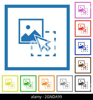 Drag image to upload flat color icons in square frames on white background Stock Vector