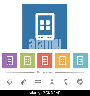 Mobile applications flat white icons in square backgrounds. 6 bonus icons included. Stock Vector