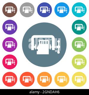 Micro sd memory card compress solid flat white icons on round color backgrounds. 17 background color variations are included. Stock Vector