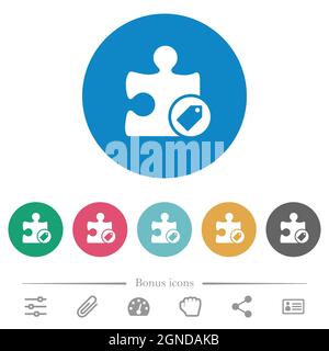Tag plugin flat white icons on round color backgrounds. 6 bonus icons included. Stock Vector