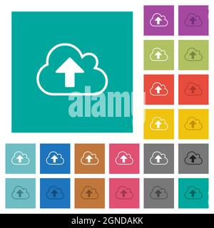 Cloud upload outline multi colored flat icons on plain square backgrounds. Included white and darker icon variations for hover or active effects. Stock Vector