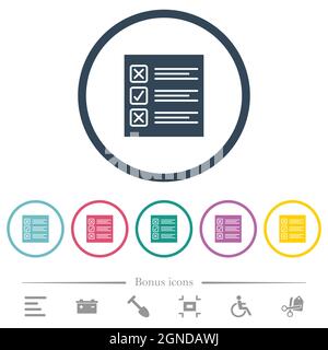 Questionnaire paper solid flat color icons in round outlines. 6 bonus icons included. Stock Vector