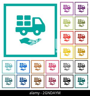 Courier services solid flat color icons with quadrant frames on white background Stock Vector