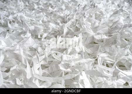 Paper strips like confetti for party or box filler for shipping fragile items. Many pieces of cut white paper for texture background. Concept of packa Stock Photo