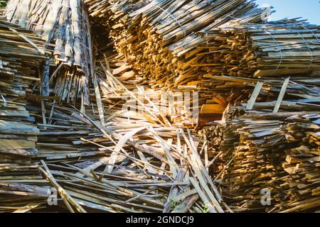 huge pile of large sawn logs bars from the forest Stock Photo