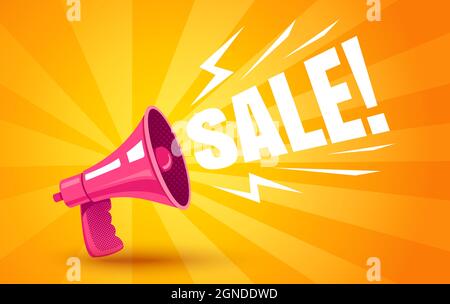 Vector vintage poster with retro pink megaphone on yellow background for black friday. Retro megaphone yellow abstract background for sale. Stock Vector