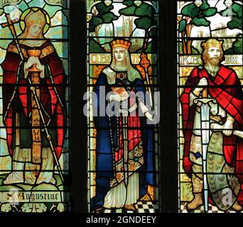 St Augustine, Queen Bertha, King Edwin, Saxon England, 7th century people, stained glass, by J Powell & Son, 1900, Blakeney, Norfolk, England Stock Photo