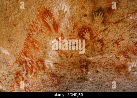 Cave of the Hands located in the southern province of Santa Cruz in the Patagonian Argentina. Stock Photo