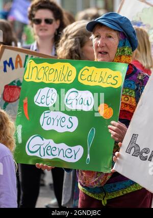 Moray, UK. 24th Sep, 2021. 24 September 2021. Forres High Street, Moray, Scotland, UK. This is the from the Earth March. This is the PR re same - PRESS RELEASE 20 September The Future is Frightening EARTH MARCH ON FORRES HIGH STREET - Friday 24 September 2pm-4pm Meet Thomson memorial at 2pm, march to Tolbooth, end in Grant Park. Contact: Allan Gray 07710 549936 If the climate and ecological crisis is to be met with anything like the urgency and degrees of action that are required for humanity to maintain the stable civilisations it has built over the last 10,000 years then each one us standing Stock Photo