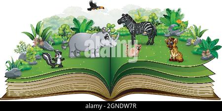 Open book with animal cartoon playing in the park Stock Vector