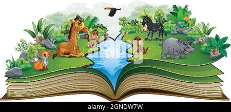Open book with animal cartoon playing on the river Stock Vector