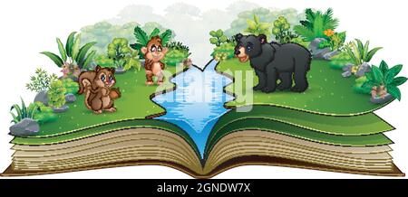 Open book with the animal cartoon playing in the river Stock Vector