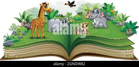Open book with animal cartoon playing in the park Stock Vector