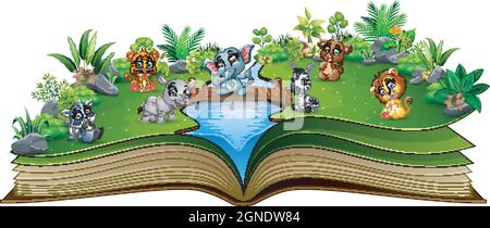 Open book with baby animal cartoon playing in the river Stock Vector