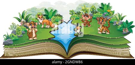 Open book with the animal cartoon playing in the river Stock Vector
