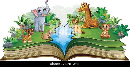 Open book with animal farm cartoon playing in the river Stock Vector