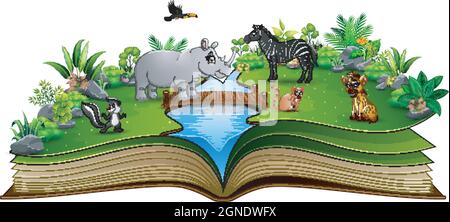Open book with the animal cartoon playing in the river Stock Vector