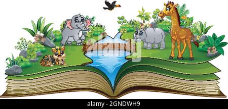 Open book with the animal cartoon playing in the river Stock Vector