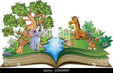 Open book with the animal cartoon playing in the river Stock Vector