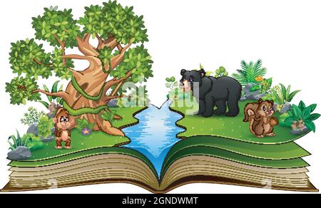 Open book with the animal cartoon playing in the river Stock Vector