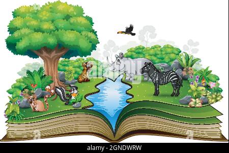 Open book with the animal cartoon playing in the river Stock Vector