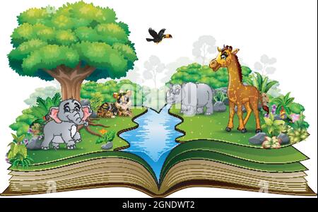 Open book with the animal cartoon playing in the river Stock Vector