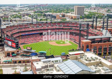 Saint St. Louis Missouri,Busch Stadium Cardinals Ballpark Village,major league baseball game aerial overhead view from above