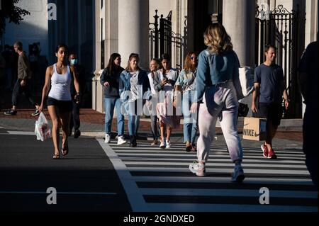 Washington, USA. 24th Sep, 2021. Pedestrians cross the street in the Georgetown neighborhood of Washington in Washington, DC, on Friday, September 24, 2021. (Graeme Sloan/Sipa USA) Credit: Sipa USA/Alamy Live News Stock Photo