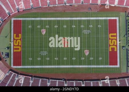 An aerial view of the Southern California Trojans and Pac-12 Conference logos on the Los Angeles Memorial Coliseum football field, Friday, Sept. 24, 2 Stock Photo