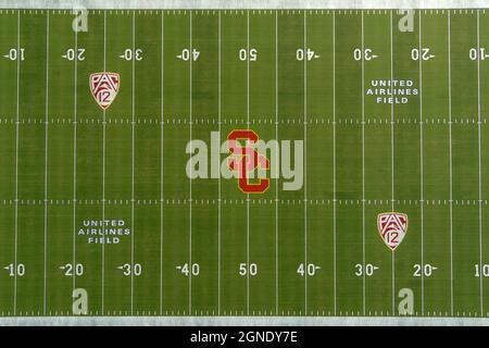 An aerial view of the Southern California Trojans and Pac-12 Conference logos on the Los Angeles Memorial Coliseum football field, Friday, Sept. 24, 2 Stock Photo