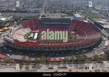 An aerial view of the Los Angeles Memorial Coliseum, Friday, Sept. 24, 2021, in Los Angeles. Stock Photo