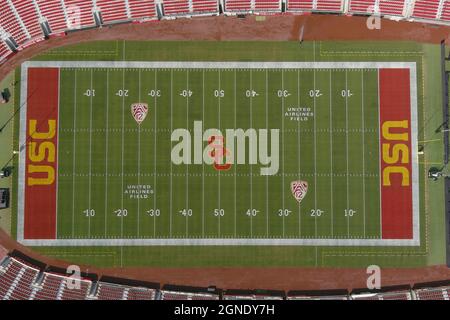 An aerial view of the Southern California Trojans and Pac-12 Conference logos on the Los Angeles Memorial Coliseum football field, Friday, Sept. 24, 2 Stock Photo